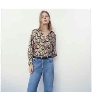 Zara Floral Button Down V-Neck Blouse Large
